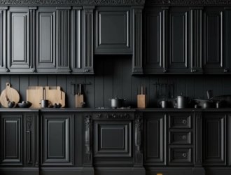 дизайн прямой черной кухни